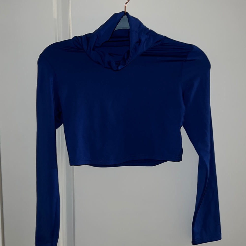 Blue Turtle Neck Solid Crop Tee